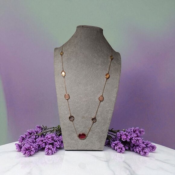 Necklace Long Gold Tone Chain with Glass Bezel Stations of Colorful 42" - Picture 1 of 5